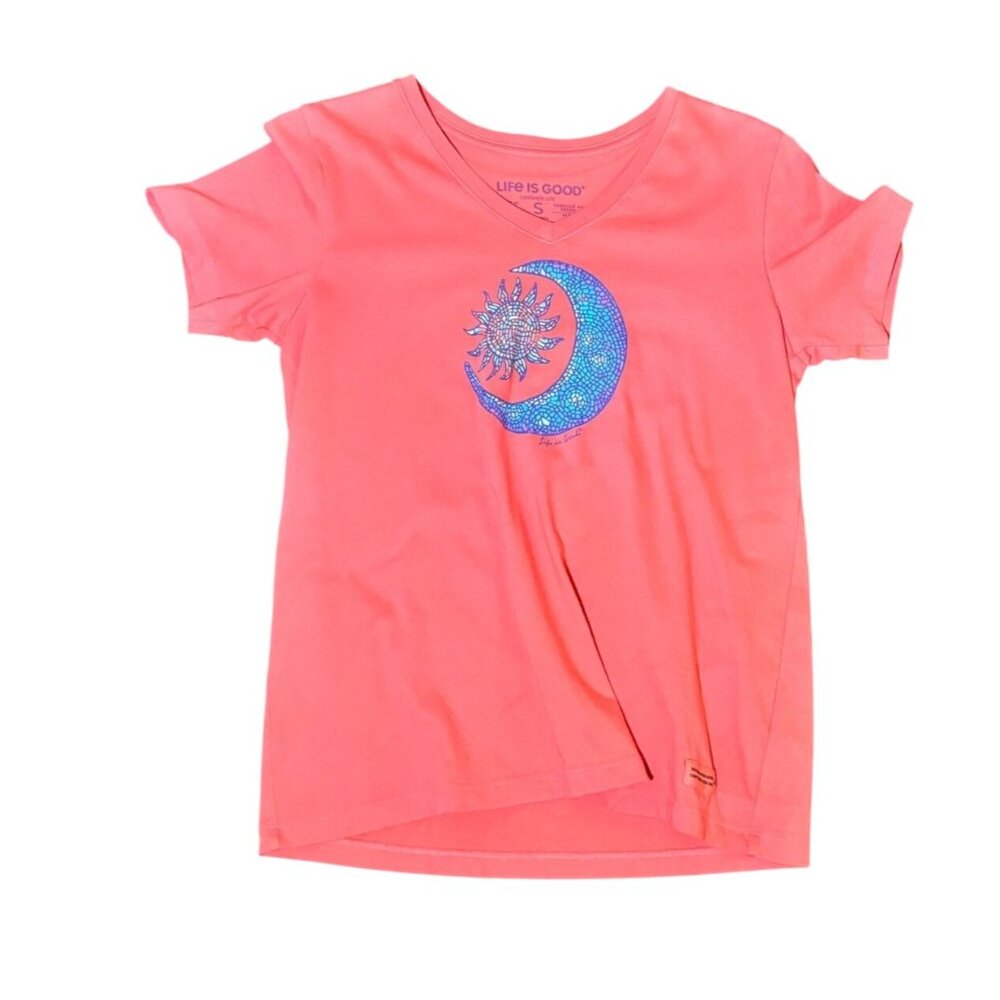 Life is Good Women's Short Sleeve Crusher Tee Mango Orange Blue Sun Small